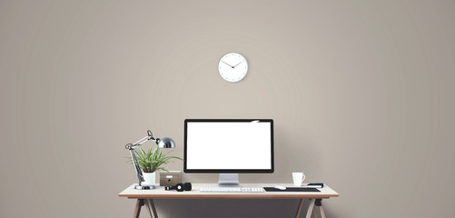 Computer display and office tools on desk. Desktop computer screen isolated. Modern creative workspace background. Front view.