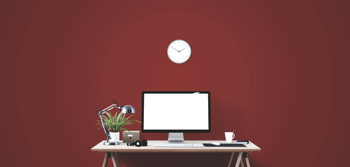 Computer display and office tools on desk. Desktop computer screen isolated. Modern creative workspace background. Front view.