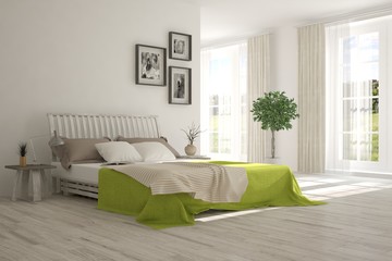 Inspiration of white minimalist  bedroom with summer landscape in window. Scandinavian interior design. 3D illustration