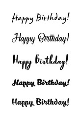 Happy birthday vintage hand lettering, brush ink calligraphy, vector type design, isolated on white background. Hand drawn design. Black and white.