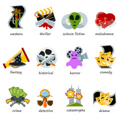 Fototapeta premium Cinema genre icons set flat comedy, drama, thriller, comedy cinematography movie production designation marking sign vector illustration.