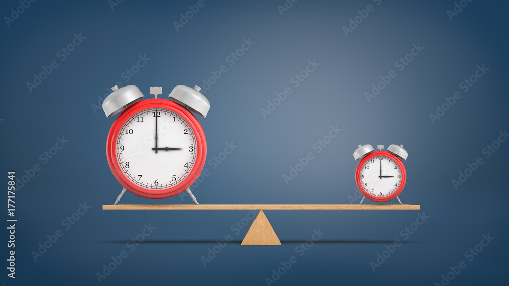 Poster 3d rendering of two almost identical red alarm clocks in large and small size stand on a balanced seesaw.