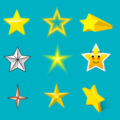 Obraz premium Different style shape silhouette shiny star icons collection vector illustration on blue background