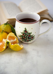 Cozy Winter Home Background, Cup of Cacao, Peeled Tangerines and Open Old Book, Natural Light, Selective Focus
