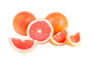 Fototapeta na wymiar Collection of whole pink grapefruit and slices isolated on white background