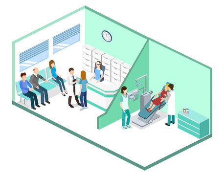 Isometric 3D vector illustration people are enrolled to see a dentist.