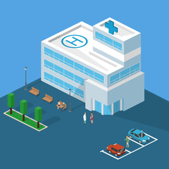 Isometric 3D vector illustration Hospital building and ambulance with parking spaces and park with benches