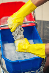 Cleaning concept. Closeup photo of woman cleaning shopping center