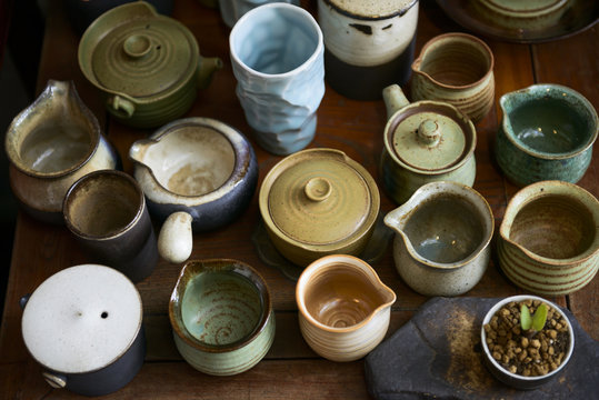 Various pottery cups for making tea