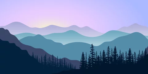 Fototapeten Landschaft mit Silhouetten von Bergen und Wald bei Sonnenaufgang. Vektor-Illustration © Everilda