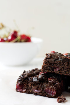 Food: chocolate brownie with cherries