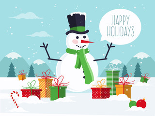 Snowman with Christmas Gifts. Flat Design Style. 