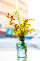 Yellow flower, the Daisy stands in a vase in a small cafe