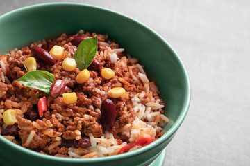 Chili con carne in bowl, closeup