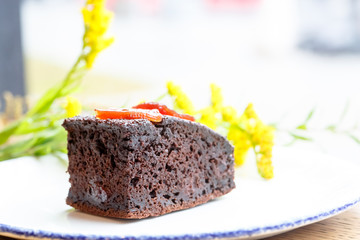 A piece of chocolate cake lying on the plate