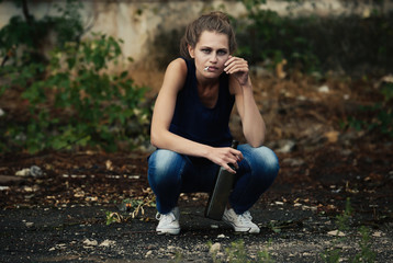 Drunk woman sitting with cigarette and bottle of alcohol outdoors