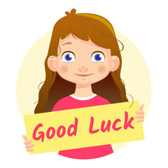 Girl holding Good Luck poster