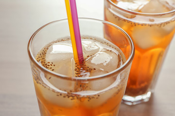 Glass of tea with chia seeds, closeup