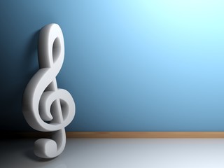 Musical sol key leaning at blue wall - 3D rendering