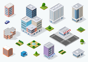  Urban district of the city in isometric landscape town infrastructure of houses, streets and buildings