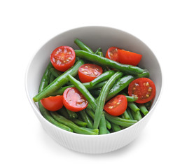 Bowl with delicious green beans salad, isolated on white