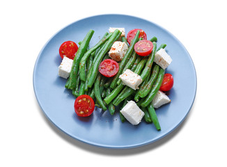 Plate with delicious green beans salad, isolated on white