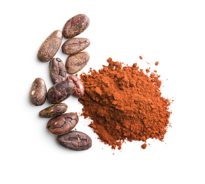 Tasty cocoa powder and beans.