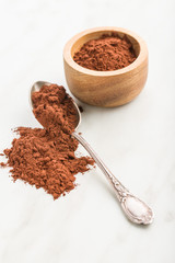 Dark cocoa powder in spoon.