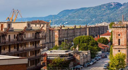 Trieste city, old Habsburg harbor panorama 