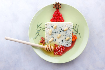 Cheese with mold, peanuts, honey, grains of pomegranate, anise, berries of viburnum and mountain ash, shape of a Christmas tree on a white background, a festive presentation for Christmas