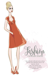 Fashion collection advertising brochure with trendy girl in sketch style, beaty woman model with text template, vector illustration