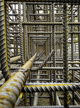 Interior of Reinforcing Steel Cage for Reinforced Concrete Bridge Pier