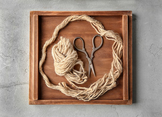 Hemp ropes on wooden tray