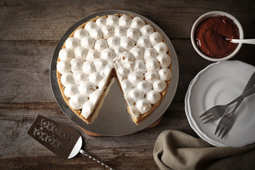 Delicious banana cake on table