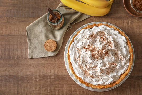 Delicious banana cake on table