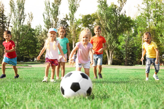 Cute children playing with ball on lawn