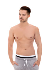 Fototapeta premium Sexy shirtless man on white background