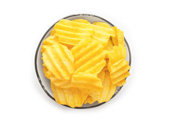 Bowl with potato chips on white background