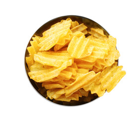 Bowl with potato chips on white background