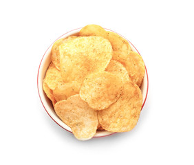 Bowl with potato chips on white background