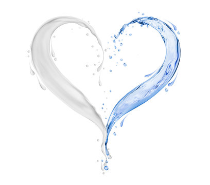 Splashes of white cream and water in the shape of heart on white background