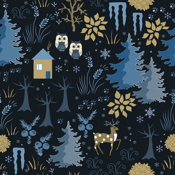 Awesome Winter Seamless Pattern With House In Night Forest. Stylish Back, Brown And Blue Holiday Background. Winter Composition For Lovely Holiday Designs