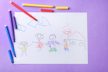 Child's drawing of family on violet background