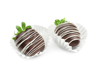 Tasty chocolate dipped strawberries on white  background