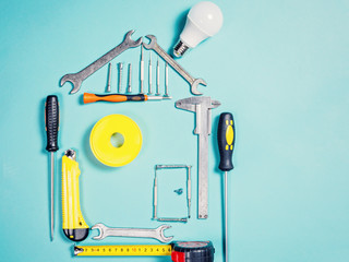 Home improvement concept. Set work hand tool for construction or repair of house