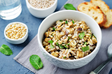 Roasted eggplant pine nuts mint barley salad