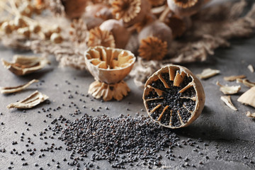 Half of poppy head with seeds on table, closeup