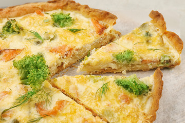 Tasty salmon quiche, closeup