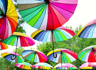Colorful umbrellas hanging in park