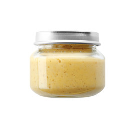 Jar of tasty baby food, isolated on white